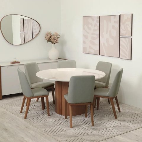 Conjunto de Jantar Mesa Redonda com Vidro 6 Cadeiras Kalina - Canella C/ Carbono
