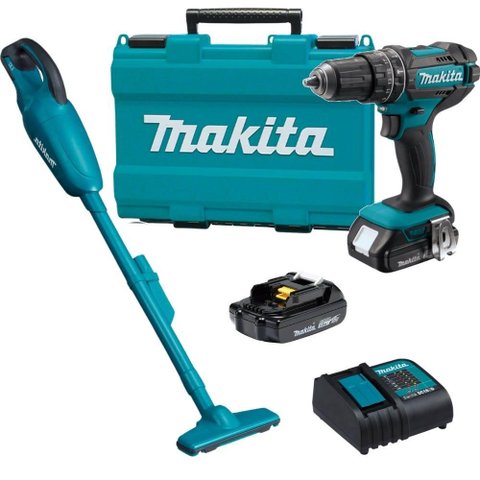 Parafusadeira Furadeira 18V com Bateria e Carregador + Aspirador de Pó 18V KITDHP482+Dcl Makita