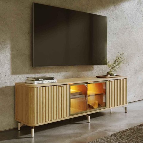 Rack para Tvs até 75” 3 Portas Vidro Reflecta e LED Interno Neon Float 169cm - Carvalho c/ Champanhe
