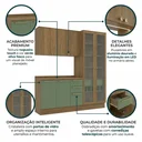 Ver imagem 5 de Cozinha Compacta 3 Peças Balcão com Tampo, Cristaleira e LED Botanic 222 x 200cm Nogueira/Verde