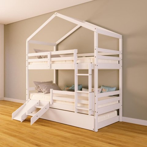 Treliche Solteiro Casinha e Kit Escada/escorregador Grade Proteção Madeira Maciça Branco