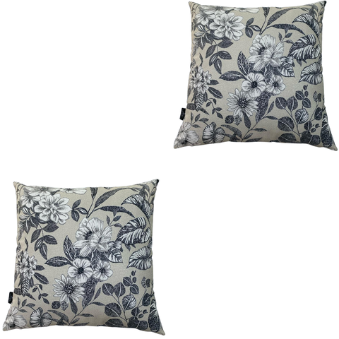 Kit 2 Almofadas Cheias Waterhavana Impermeável Área Externa Flor Branca Folhas Pretas 43CMX43CM