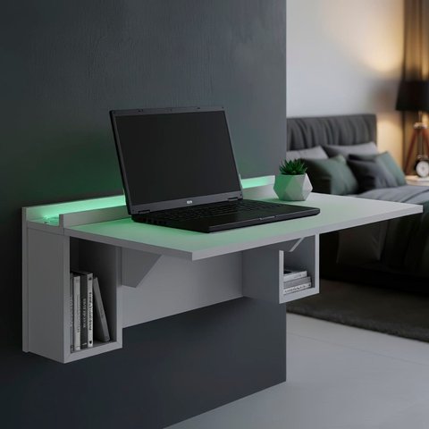 Escrivaninha Mesa Dobrável com Nichos e LED Verde Neon 78,5cm Branco