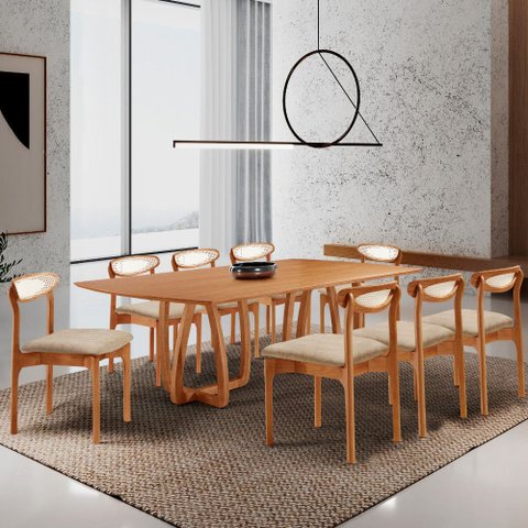 Sala de Jantar Mesa Flora 240cm Tampo Laminado Barril e 8 Cadeiras Noronha Premium Moderna Mobília