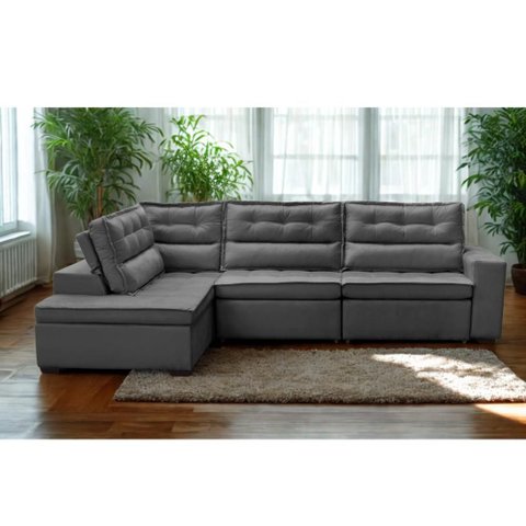Sofá de Canto Retrátil e Reclinável com Molas 3,00x2,00 Esq Viena Suede Cinza Mirra Decor