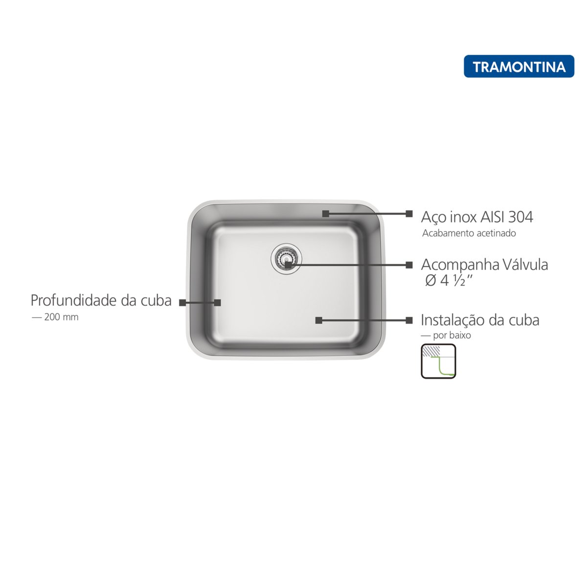 Cuba de Embutir Dora Aço Inox Acetinado 50 Bl R6 - Tramontina - 3