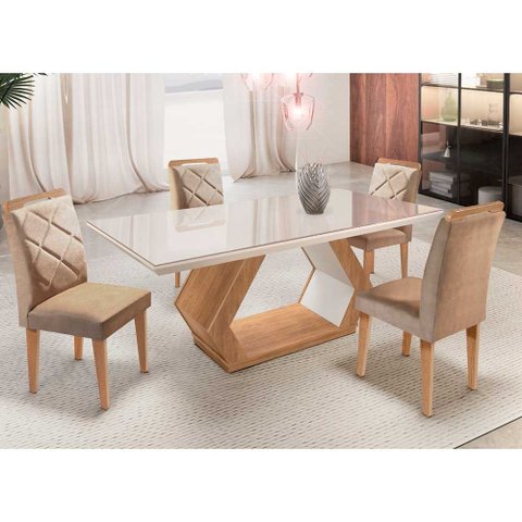 Mesa Alvorada 180 Tp Mdf Vidro canto Reto 4 Cadeiras Rufato