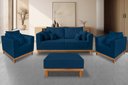 Ver imagem 2 de Kit Sofá 3 Lugares e 2 Poltronas Beny + Puff Isa com Base de Madeira Linho Azul