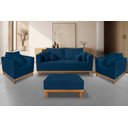 Ver imagem 2 de Kit Sofá 3 Lugares e 2 Poltronas Beny + Puff Isa com Base de Madeira Linho Azul