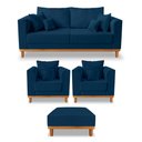 Ver imagem 1 de Kit Sofá 3 Lugares e 2 Poltronas Beny + Puff Isa com Base de Madeira Linho Azul
