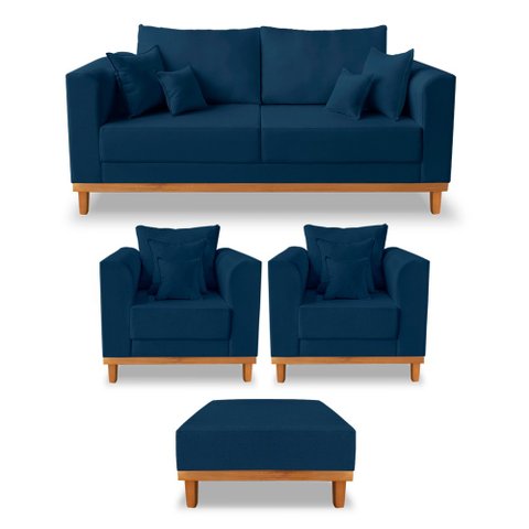 Kit Sofá 3 Lugares e 2 Poltronas Beny + Puff Isa com Base de Madeira Linho Azul
