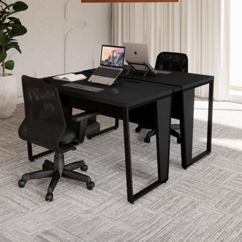 Mesa Escrivaninha Dupla 30mm Pés Metal com Régua para Tomadas F5 Office Cor:Preto