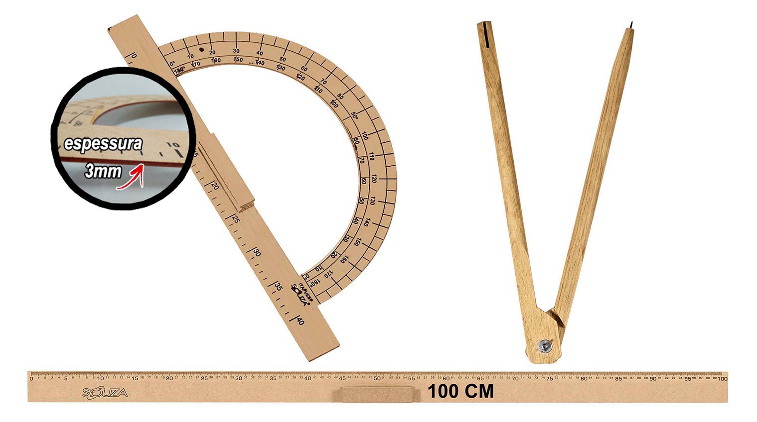 Kit Geométrico do Professor Mdf Com Régua 1 Metro Com Pegador + 1 Compasso Para Giz 40 cm e 1 Transf - 1