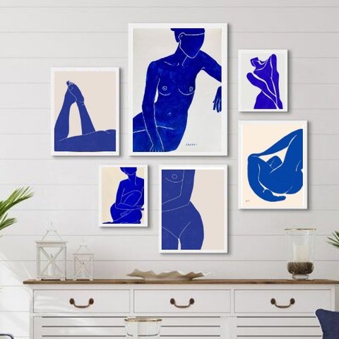 Composição 6 Quadros Quarto Nú Artísticos Azuis:madeira Preta