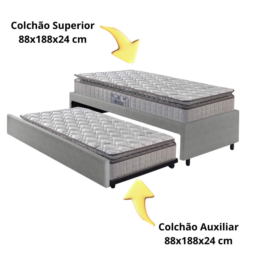 Bicama Box Solteiro Courino Linho Cinza 88x188 com Dois Colchões Orthosono New Dupla Face Espuma D28 - 3