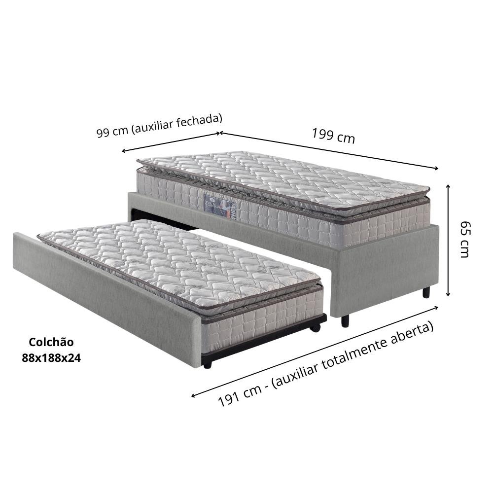 Bicama Box Solteiro Courino Linho Cinza 88x188 com Dois Colchões Orthosono New Dupla Face Espuma D28 - 2