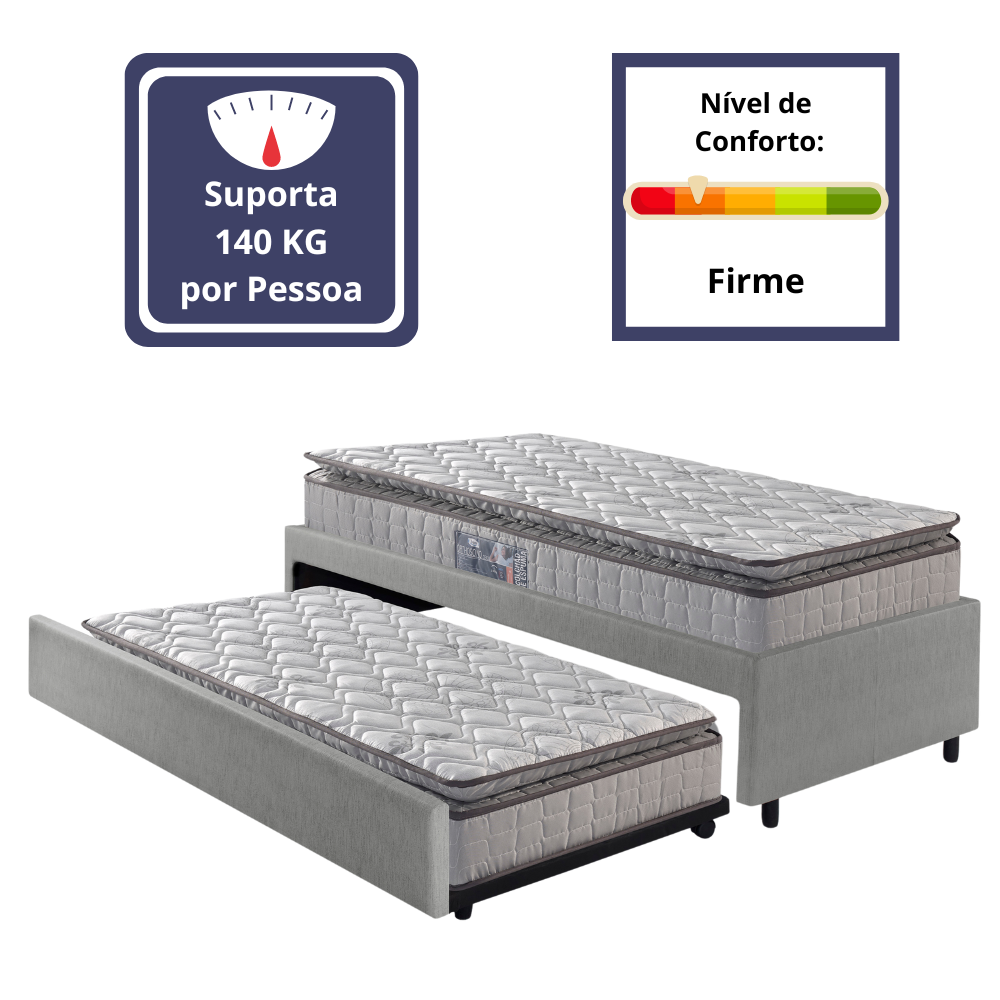 Bicama Box Solteiro Courino Linho Cinza 88x188 com Dois Colchões Orthosono New Dupla Face Espuma D28 - 4