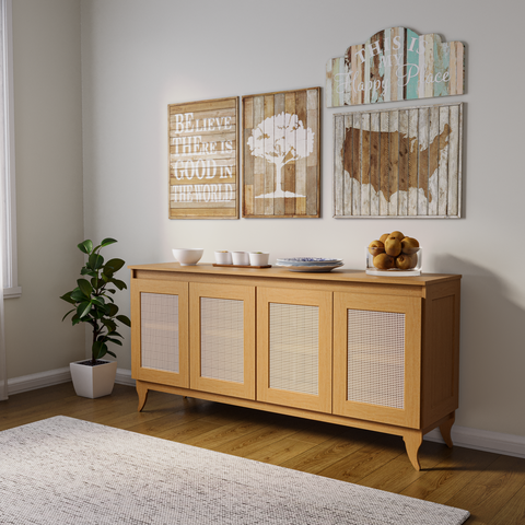 Buffet Aparador Madeira Maciça e Tela de Rathan Sintética 4 Portas Deltran 