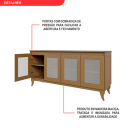 Buffet Aparador Madeira Maciça e Tela de Rathan Sintética 4 Portas Deltran  - 9