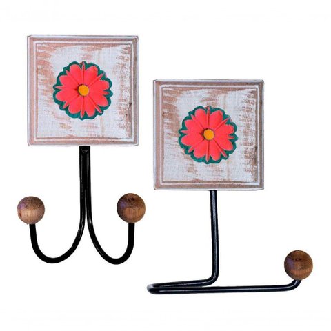 Kit Banheiro 2 Peças 1 Toalheiro Duplo + 1 Porta Papel Higiênico Artesanal Flor Madeira Cor