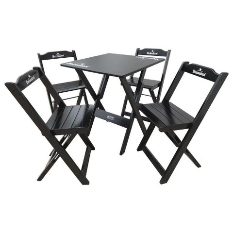 Conjunto Mesa Dobrável Madeira 70x70 com 4 Cadeiras Personalizada Hei Preta - Cor: Preto