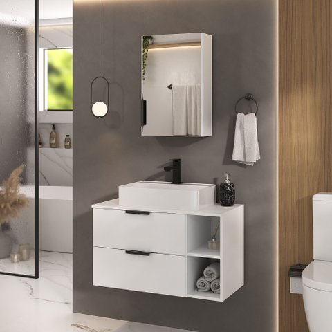 Gabinete Banheiro Volcano 80cm (armário + Cuba + Espelheira + Tampo Vidro) Branco Inteiro