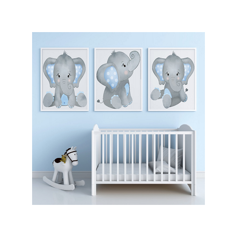 3 Quadros Decoração Quarto Bebe Elefante com Moldura 20x30 Cm Make Laser Qde