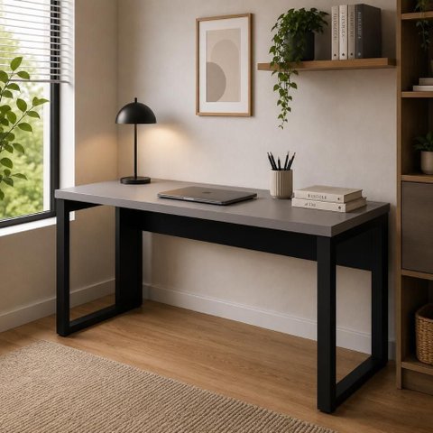 Mesa Escrivaninha Industrial 1,90m sem Gavetas 190cm Cinza Sagrado com Preto F5 Office