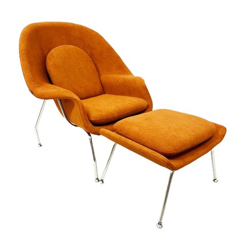 Poltrona para Sala Womb Chair com Puff Tecido Boucle Terracota Luxo Poltronas do Sul