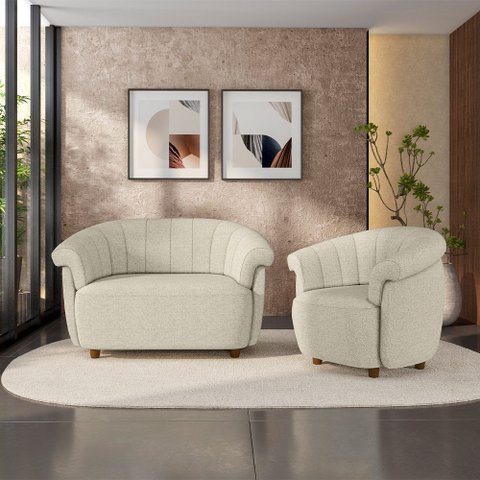 Conjunto Sala de Estar Decorativo Latvia Sofá Namoradeira e Poltrona Pés de Madeira Linho Off White 