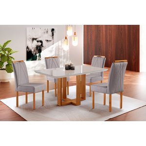 Conjunto Sala de Jantar Dubai Mesa e Cadeiras Madeira Maciça Linho Cinza