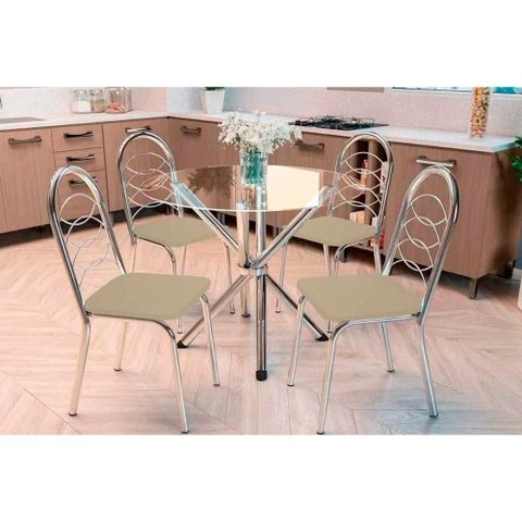 Sala de Jantar Completa Volga C/ Tampo de Vidro 95cm e 4 Cadeiras Holanda Cromada - Courano Bege -