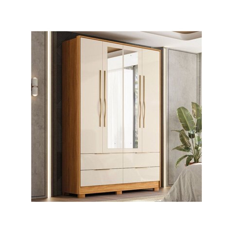 Guarda-Roupa Casal Domo 4 Portas 4 Gavetas com Espelho Cinamomo/Off White - Demóbile