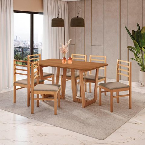 Conjunto Sala de Jantar Elisa em Madeira Maciça 6 Cadeiras Linho Fendi