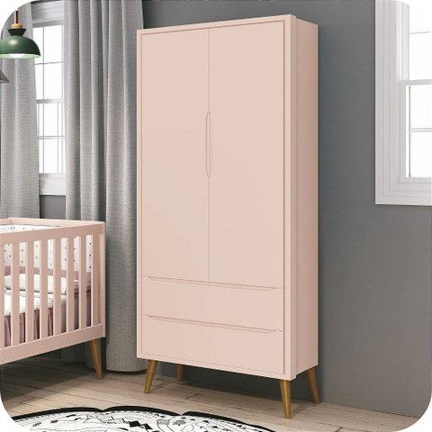 Guarda Roupa Infantil 2 Portas e 2 Gavetas Retrô Rosa Theo Madeira