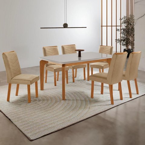 Conjunto Mesa de Jantar 180cm com 6 Cadeiras Estofadas Multimóveis Crrft-CON046 Madeirado/Off White