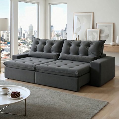 Sofá Retrátil e Reclinável 2 Lugares 210cm Bérgamo Cinza Veludo Grafite
