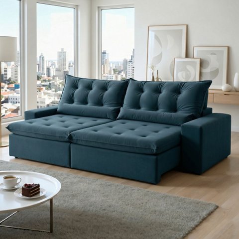 Sofá Retrátil e Reclinável 3 Lugares 230cm Bérgamo Veludo Azul Marinho