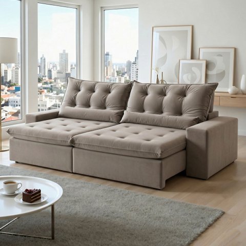 Sofá Retrátil e Reclinável 3 Lugares 230cm Bérgamo Marrom Veludo Cinza