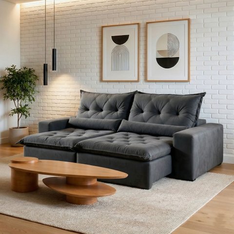 Sofá Reclinável 4 Lugares 290cm Ouro Branco Cinza Veludo Grafite