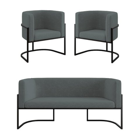 Kit 2 Poltronas + Sofá 2 Lugares Base de Metal Black Balaqui Cor:cinza