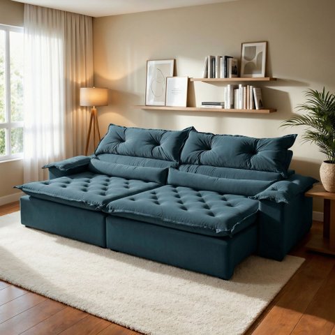Sofá Retrátil e Reclinável 4 Lugares 250cm Agatha Veludo Azul Marinho