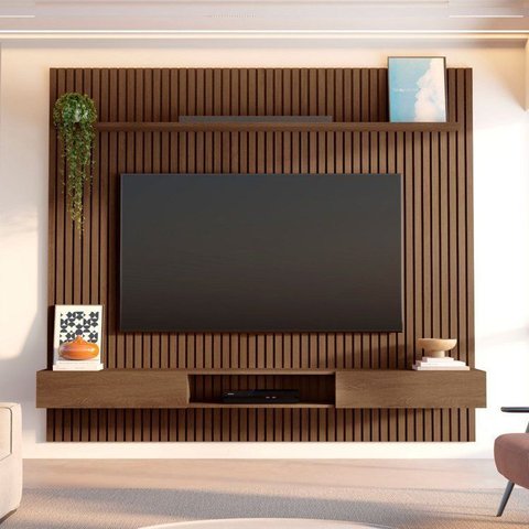 Painel Ripado para TV até 85 Polegadas 100% MDF 230,5CMX250CM Nicho Aloe Marrom Cedro Espresso Móveis