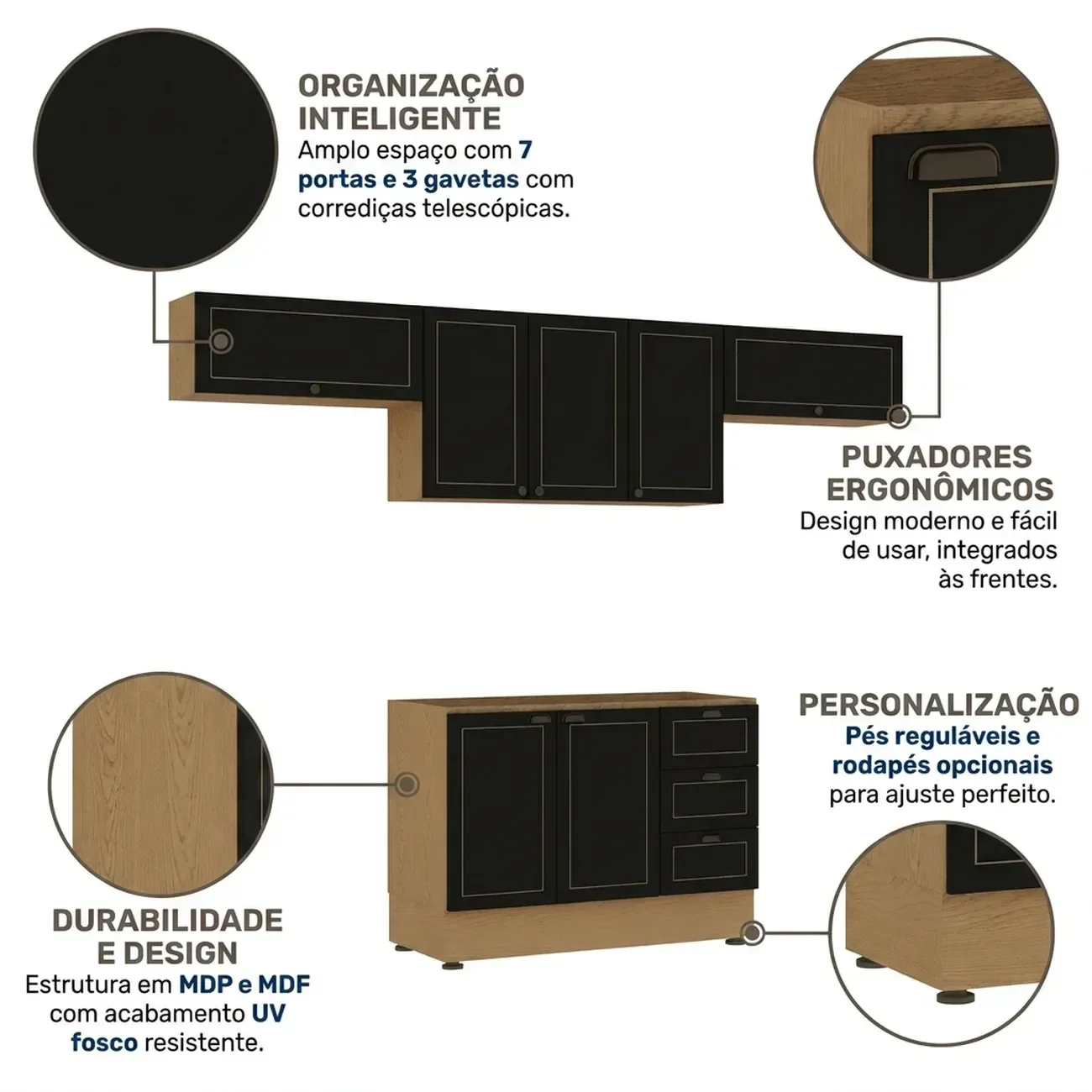 Ver imagem 5 de Cozinha Completa 4 Peças 3 Aéreos e 1 Balcão Conecta Frise Yescasa Cinamomo/Preto
