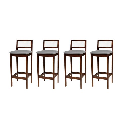Kit 4 Banquetas Madeira Imbuia com Linho Cinza Cozinha Encosto Palha Rattan