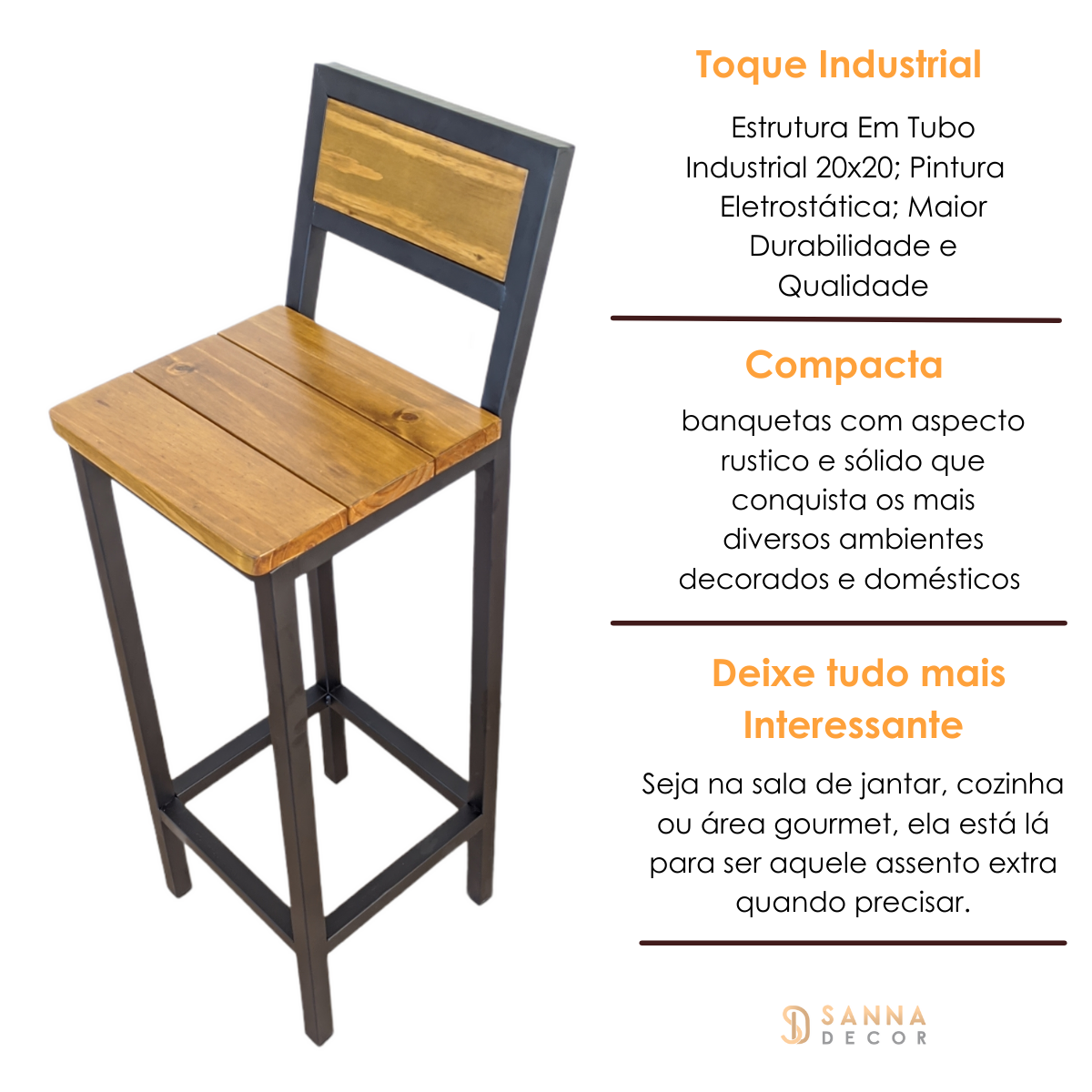 Banqueta Alta Em Madeira Industrial Cozinha Balcão Preto 95Cm - 6