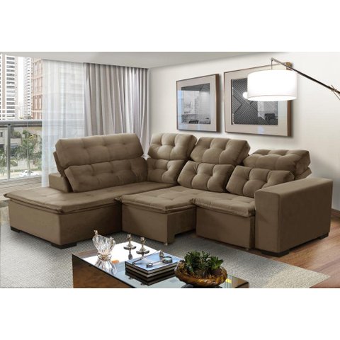 Sofá de Canto Retrátil e Reclinável 6 Lugares Pillow Top Suede Berlim Marrom Castor