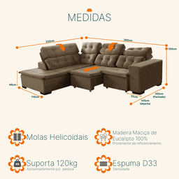 Sofá Canto Retrátil e Reclinável 6 Lugares Pillow Top Molas Bonnel Berlim Castor - 3