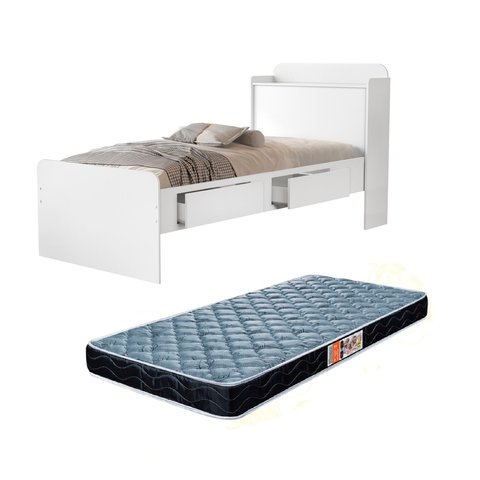 Cama de Solteiro Tamires Branco com Gaveta Prateleiras e Bau + Colchão D20