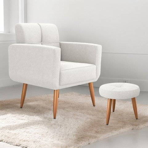 Conjunto de Poltrona e Puff Decorativos Miller Boucle Bege